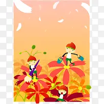 踩在花瓣上画画的儿童矢量