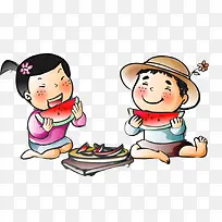 彩色创意吃西瓜美食元素
