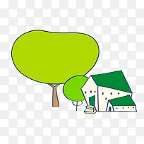 卡通手绘房子大树