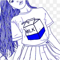 蒸汽波风格手绘穿着印有牛奶盒衣