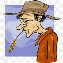 戴帽子叼稻谷的大鼻子农民