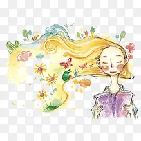 插图清风徐来女孩头发吹起
