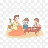 朝鲜妈妈和孩子手绘图