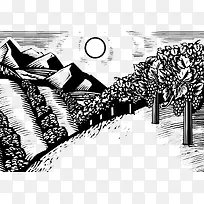 黑白木版画插画山脉与树