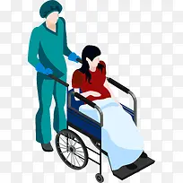 卡通手绘病人轮椅立体插画