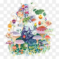 彩绘女孩蘑菇花卉图案