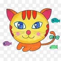 手绘儿童画之猫咪与小鱼