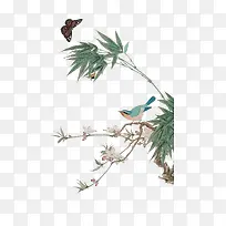 竹子蝴蝶小鸟彩绘