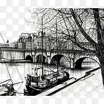 桥梁小河船手绘线描背景画