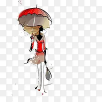 手绘人物美女撑伞