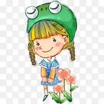 绿色青蛙帽子女孩卡通人物手绘