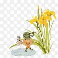 创意手绘女孩花朵与青蛙