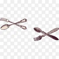 复古精美铁勺子叉子手绘矢量图