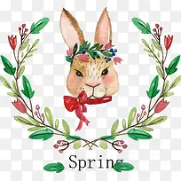 水彩绘兔子头像和花卉矢量