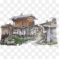 乡村建筑物手绘