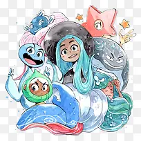 卡通海洋精灵合照