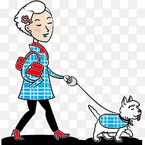 可爱插图牵着小狗走路的女孩