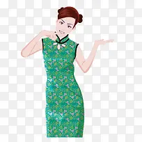 矢量绿色旗袍纹绣古典美女