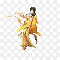 吹笛子的黄衣美女古风手绘
