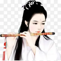 吹笛子的白衣美女手绘古风