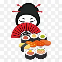 手绘日式料理美女和寿司