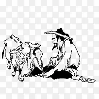 国画插图老人与放牛的小孩
