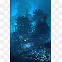 蓝色幽森的森林城堡建筑光效