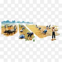 水彩插画农田种植水稻的农民