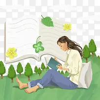 装饰插图坐在草地上看书的女孩
