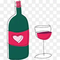 矢量手绘绿粉色红酒瓶和红酒杯