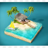 手绘椰树草屋海面