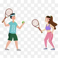 手绘可爱人物插图打网球运动健身