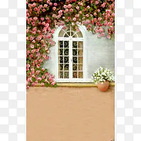 白色欧式窗户蔷薇海报背景