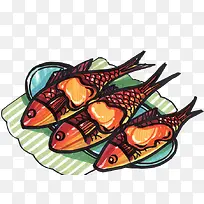 彩色手绘一盘烤鱼图案