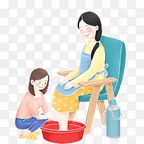 卡通给妈妈洗脚的孩子与妈妈