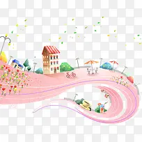 粉色浪漫插画童话道路房屋建筑