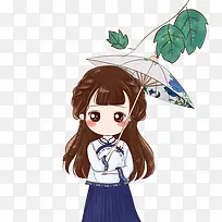 长发少女雨伞叶子