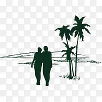 夏季男女海滩椰子树矢量剪影