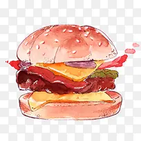 彩色水墨汉堡食物元素