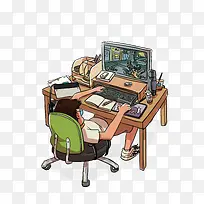 卡通瘫坐在椅子上玩电脑游戏的男