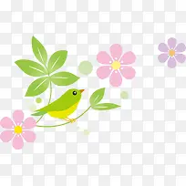 绿色春季树叶花朵小鸟