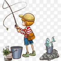 矢量手绘钓鱼的小男孩