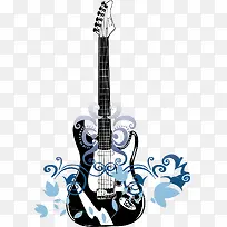 黑色吉他乐器蓝色花纹矢量