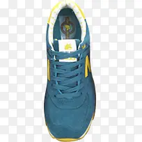 深蓝色带黄色运动跑鞋实物