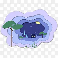 手绘剪纸夜晚风景插画