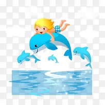 驮着小孩跳跃的海豚矢量图