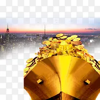 金色船只城市背景