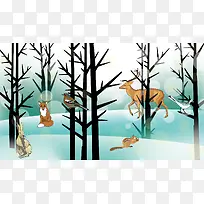 冬季树林里的动物矢量图