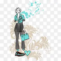 蓝衣女孩背景欧式线条彩墨喷溅