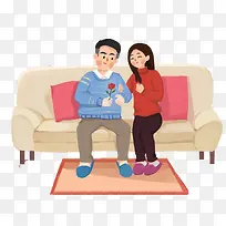 手绘人物插画坐在沙发上的情侣插